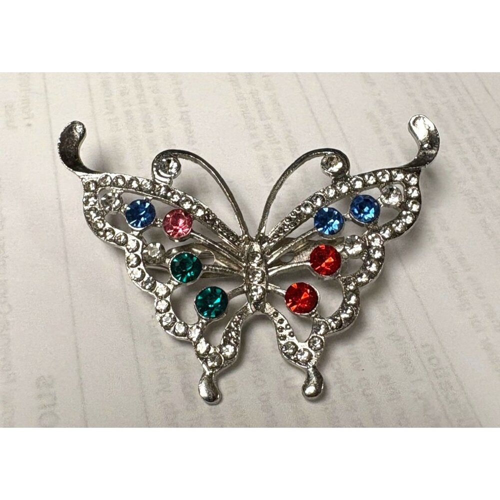 Butterfly Rhinestone Brooch Pin Silver Tone Colorful Gems Vintage Style